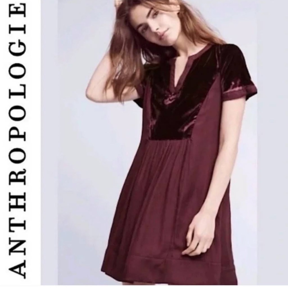 Antropologie Maeve Ingrid Velvet Swing Dress M Short Sleeve Burgundy Fully lined